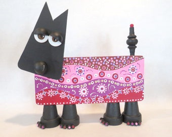 Mixed Media Wood Assemblage Red Dottie Scottie Figure