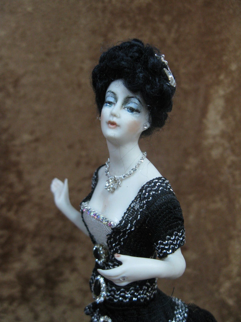 New porcelain Art DecoEdwardian half dollpincushion dolldresser dollartist dollboudoir doll in black /& silver OOAK doll by Kay Brooke.