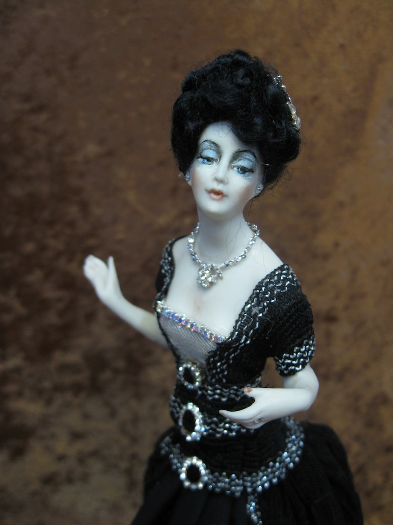 New porcelain Art DecoEdwardian half dollpincushion dolldresser dollartist dollboudoir doll in black /& silver OOAK doll by Kay Brooke.