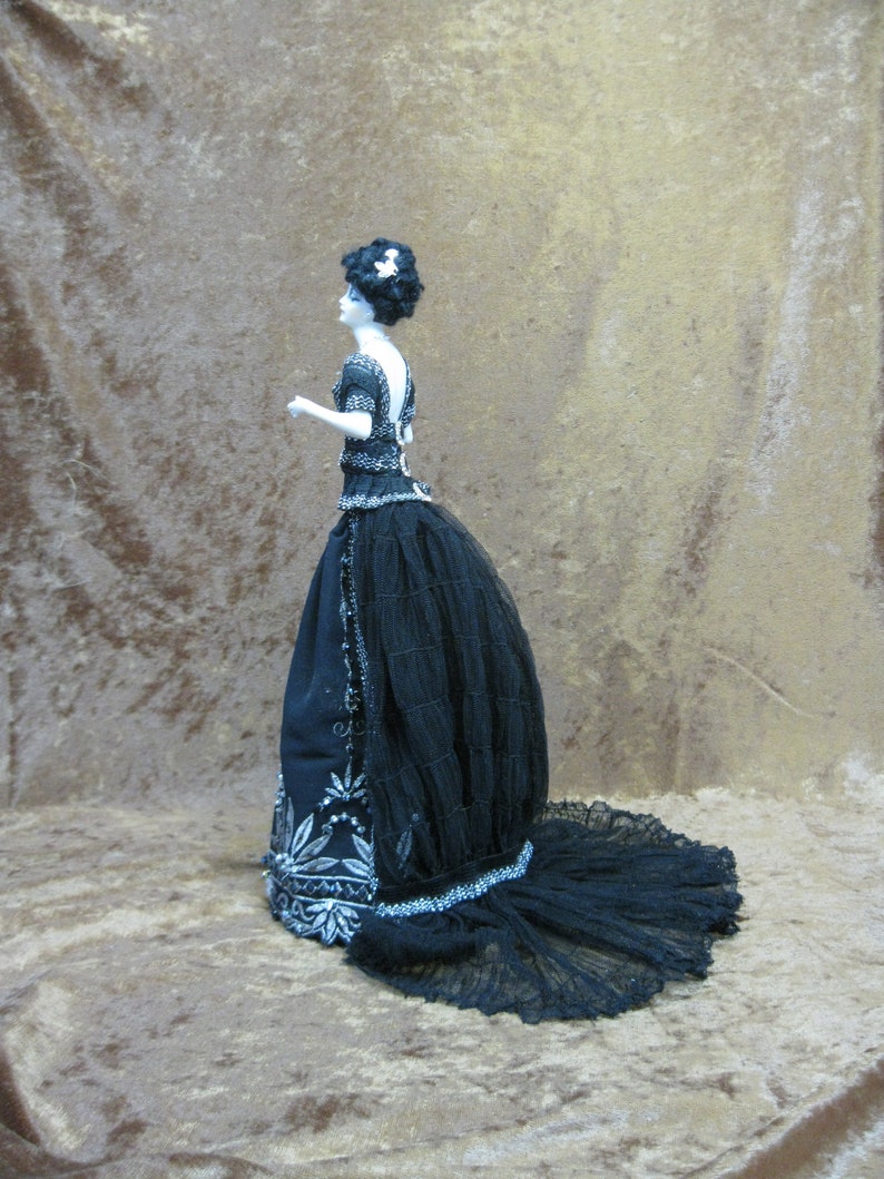 New porcelain Art DecoEdwardian half dollpincushion dolldresser dollartist dollboudoir doll in black /& silver OOAK doll by Kay Brooke.