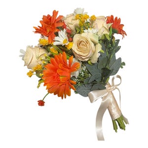 Handcrafted Silk Flower Bouquet: Orange Daisies, Cream Roses