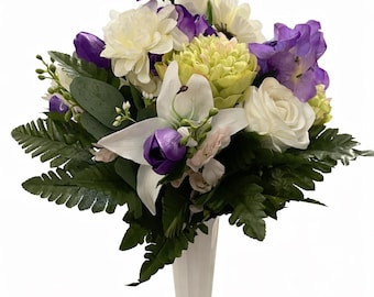 Purple & White Cemetery Flowers – Memorial Grave Arrangement 16”
