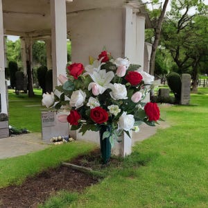 One-Sided Cemetery Piece with Red, White & Pink Artificial Flowers – Grave Site Memorial Vase