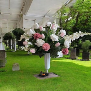 One-Sided Memorial Cemetery Flower Arrangement – Pink & White Faux Floral Grave Decoration