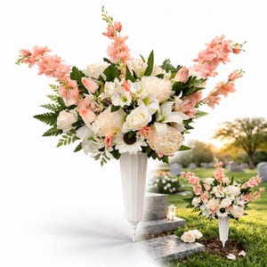 Pink & White Silk Flower Cemetery Arrangement One Sided