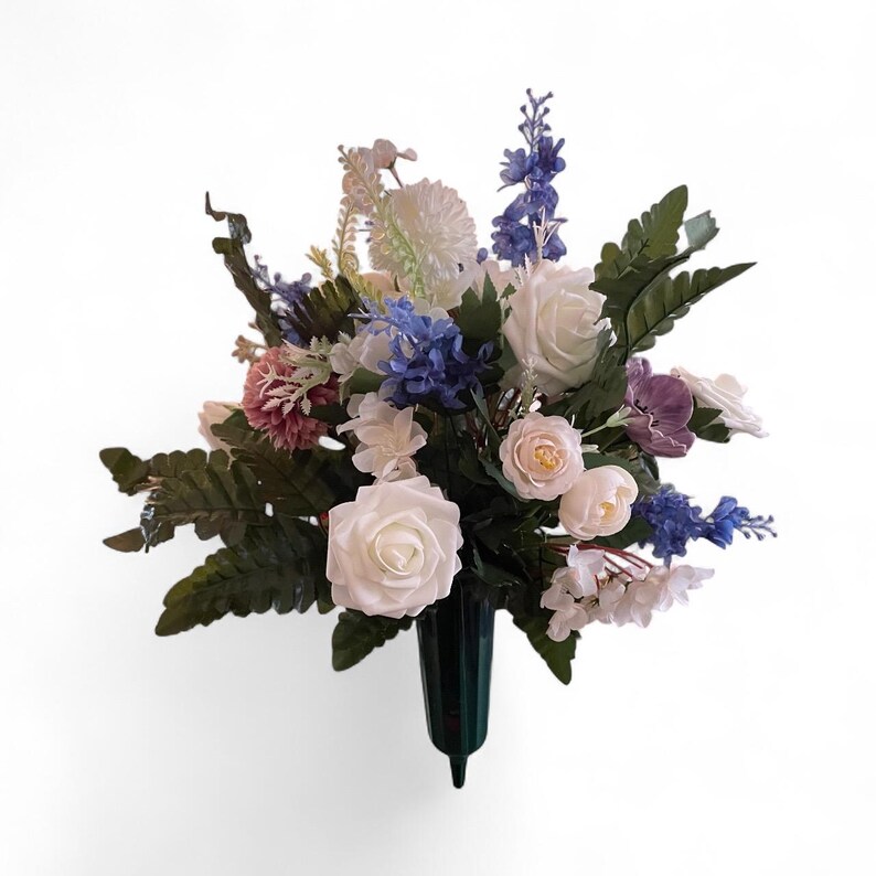 White Rose & Blue Delphinium Cemetery Vase | Artificial Grave Flowers ...