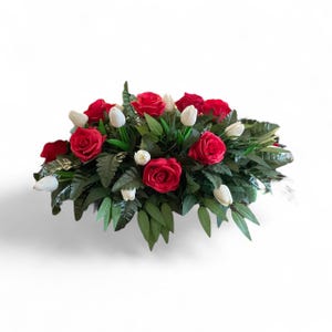 Red Rose & White Tulip Cemetery Saddle | Artificial Grave Flowers Memorial Arrangement