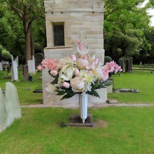 Pink and White Cemetery Flower Arrangement – Flowers for Grave One Sided in White Cemetery Container