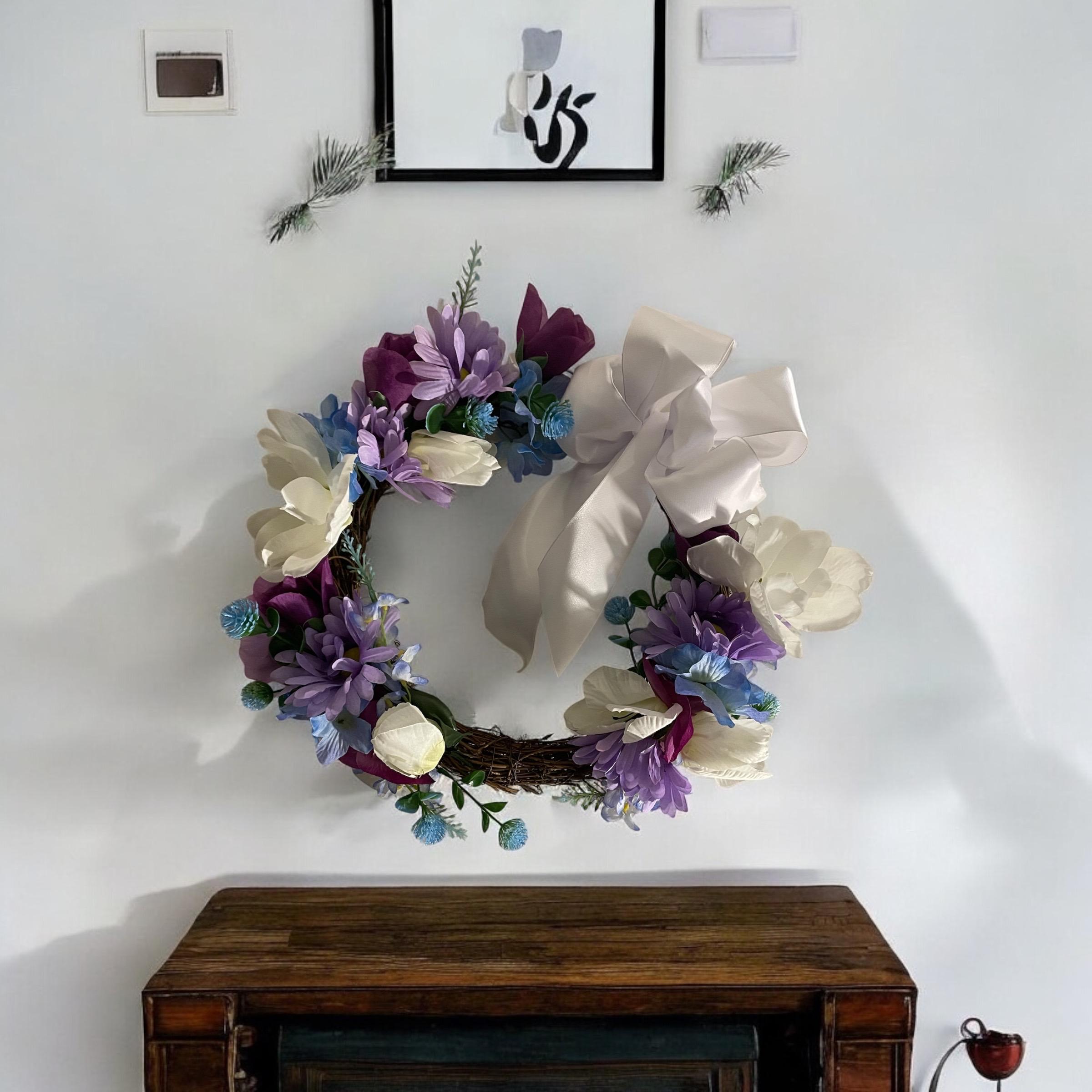Handcrafted Spring Floral Grapevine Wreath with Purple, Blue & White Flowers and Bow for Front Door Home Decor
