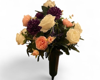 Silk Cemetery Flower Arrangement: Roses, Pink and Purple Memorial Vase