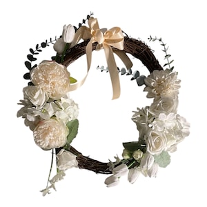 Elegant White Floral Grapevine Wreath – Silk Peonies, Roses & Hydrangeas