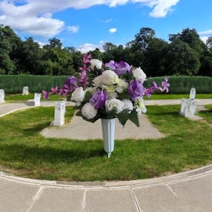 One-Sided Memorial Cemetery Flower Arrangement – Purple & White Faux Floral Grave Decoration