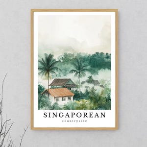 Arte de parede do interior de Cingapura – Impressão minimalista de paisagem em aquarela – Decoração de natureza tropical A4, A3 e A2