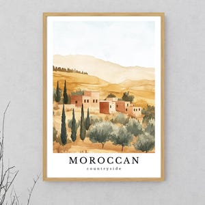 Impressão de arte do campo marroquino – Pôster minimalista de paisagem de oásis no deserto – Arte de parede rústica A4, A3, A2