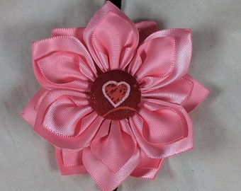 Pink flower with a red heart center dog or cat collar accessories