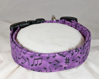 May include: Purple dog collar with a black musical note pattern.