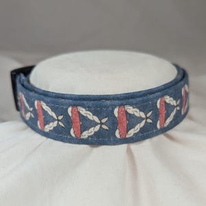 May include: A blue dog collar with a white and red rope pattern.