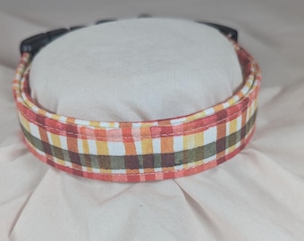 Orange, Olive and Cream plaid Autumn colored pet, dog or cat collar.