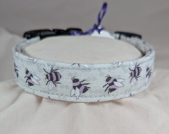 Purple Honey bees on gray pet, dog or cat collar.