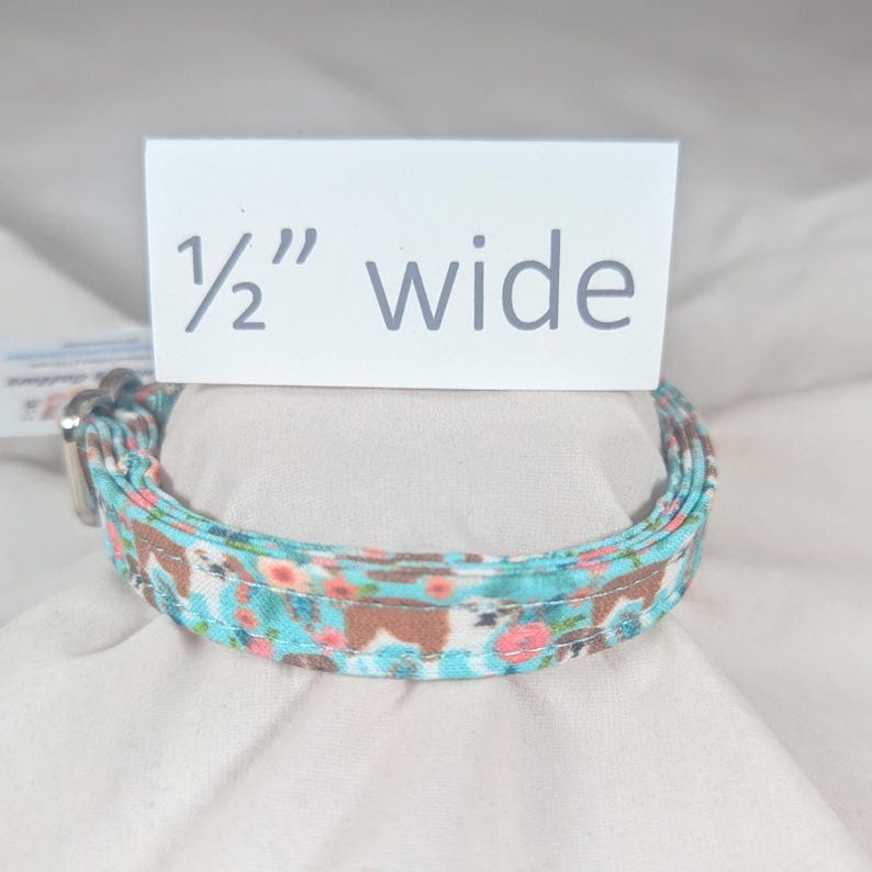 May include: A turquoise blue and brown patterned dog collar with white flowers. The collar is 1/2 inch wide.