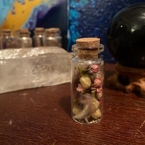 Könnte beinhalten: Eine kleine, klare Glasflasche mit Korken, gefüllt mit getrockneten rosa und weißen Blüten und einer Feder. Die Flasche steht auf einer Holzoberfläche, im Hintergrund sind weitere Flaschen und ein Kristall zu sehen.