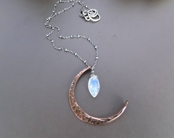 Crescent Moon and Moonstone Necklace, Copper Moon and Moonstone on Sterling Silver Chain, Mixed Metal Moon Necklace, Moonstone Necklace