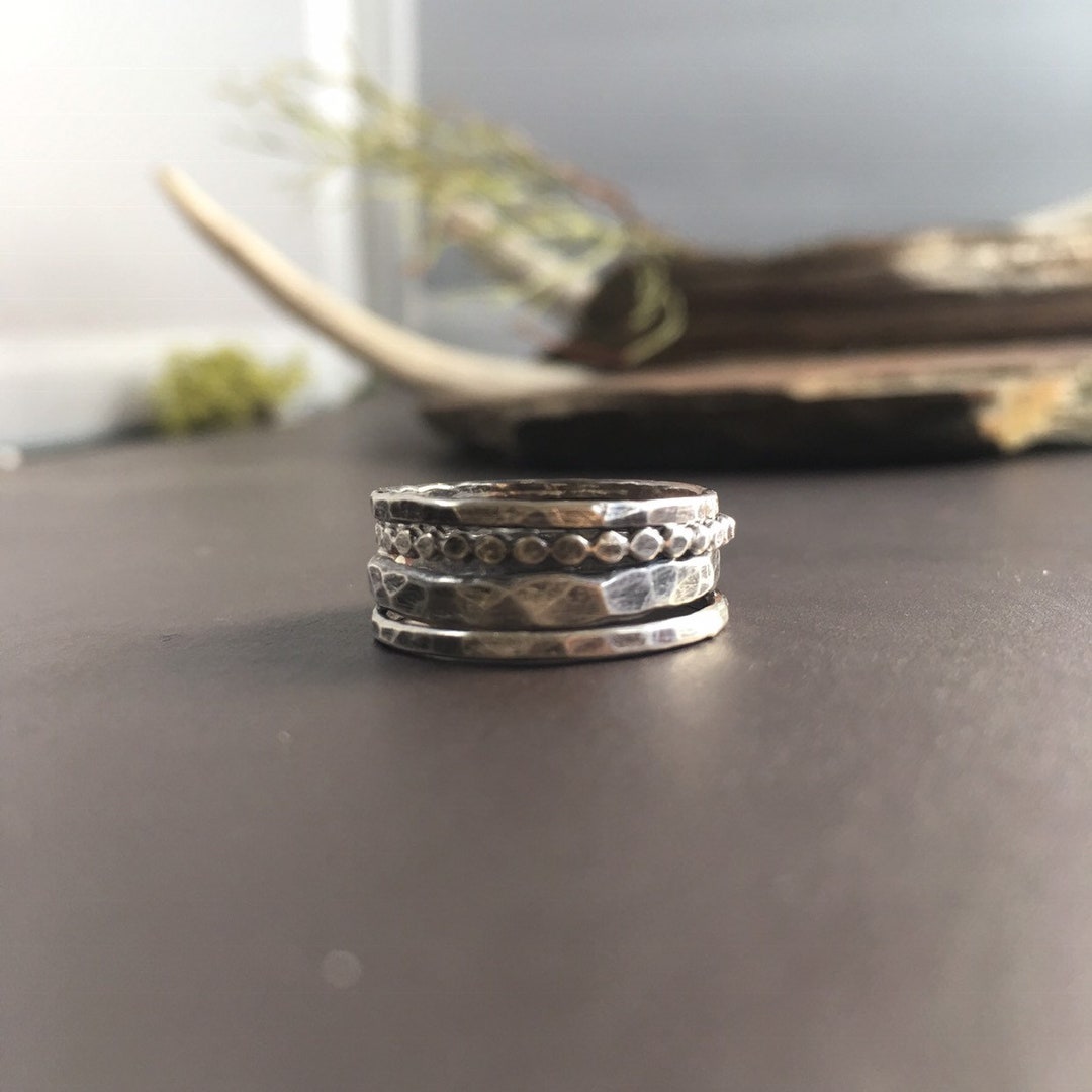 SS Oxidized Flat Ball Stacker Ring main image 1