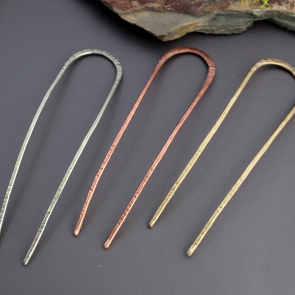 Metal hair fork Mixed metal hair pin hammered metal bun pin boho hair accessory silver, brass, copper bun pin