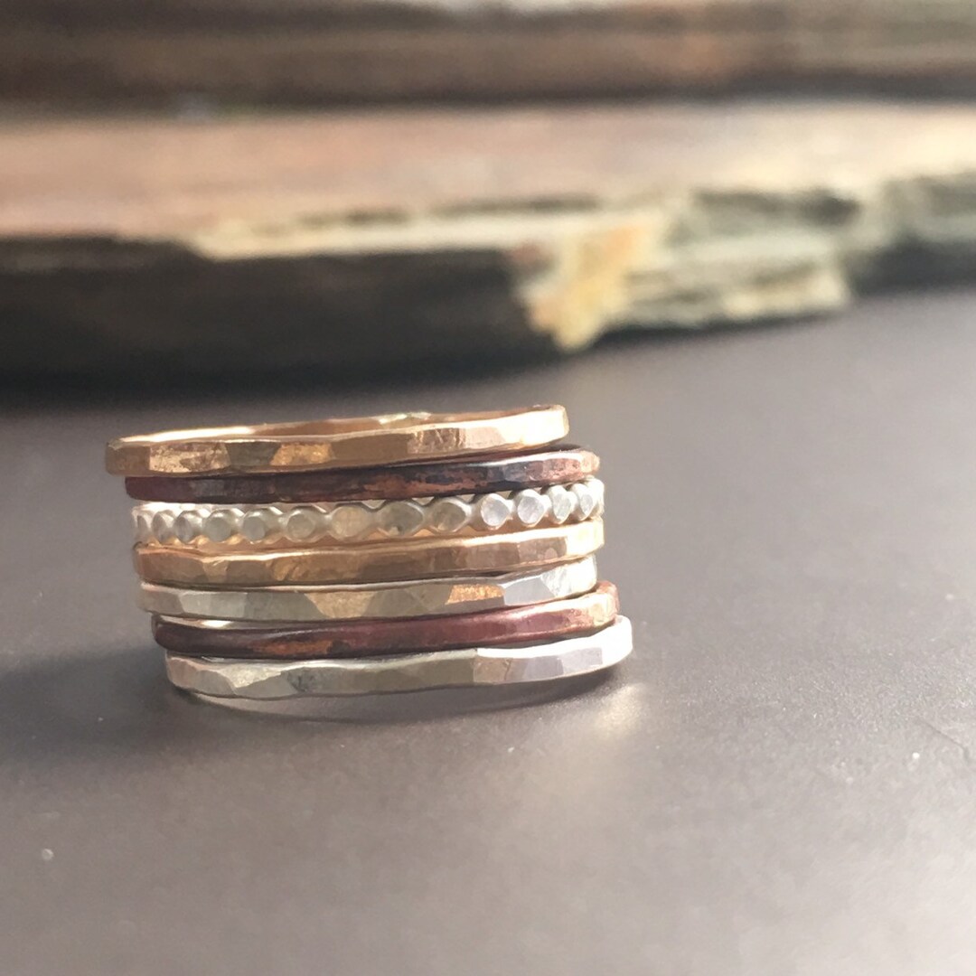 set of 5 stack rings, solid bronze ring, geometric... Mixed Metal Stacking Ring Set Skinny Stackable Rings Silver, Copper ...