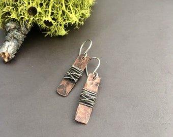 Mixed Metal Earrings Copper and Silver Bar Short Dangle Earrings