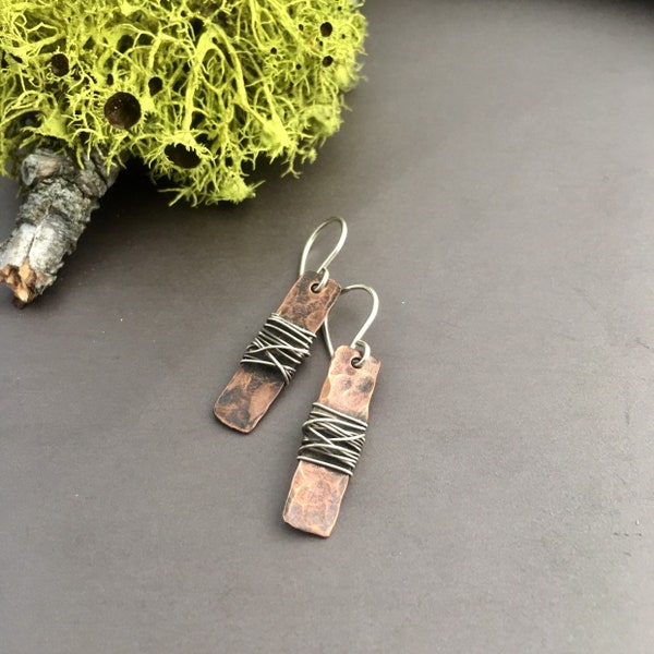 Mixed Metal Earrings Copper and Silver Bar Short Dangle Earrings