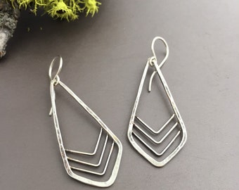 Sterling Silver Art Deco Earrings, Long Silver geometric dangle earrings, Kite Earrings diamond shape Earrings