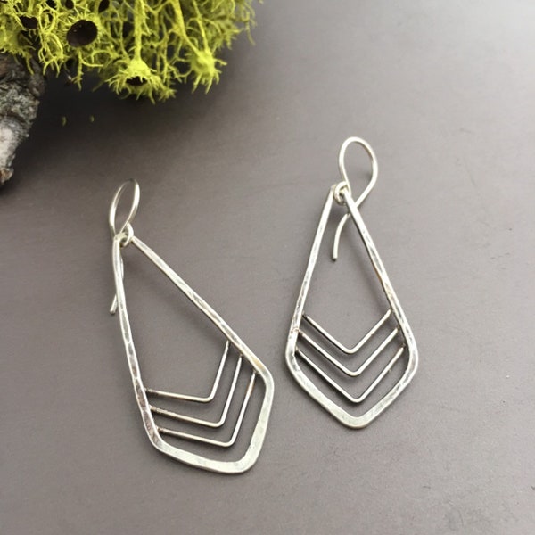Sterling Silver Art Deco Earrings, Long Silver geometric dangle earrings, Kite Earrings diamond shape Earrings
