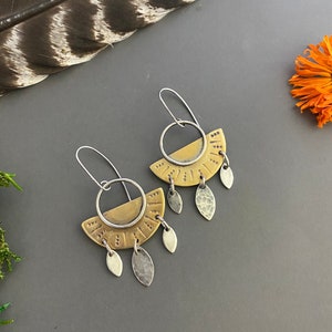 Mixed Metal Half Moon Dangle Earrings geometric silver and Brass Earrings image 4