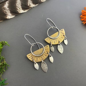 Mixed Metal Half Moon Dangle Earrings geometric silver and Brass Earrings image 1