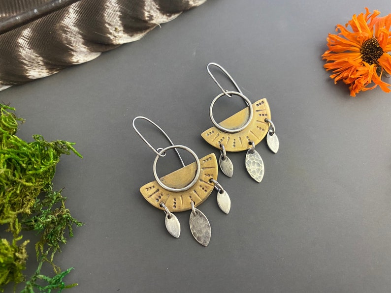 Mixed Metal Half Moon Dangle Earrings geometric silver and Brass Earrings image 1