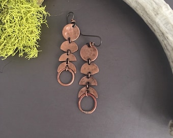 Copper Moonphase Earrings, Long Moon Earrings, Celestial Jewelry