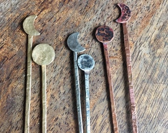 Moon phase hair sticks copper crescent moon and full moon hair pins lunar Jewelry moon hair accessory