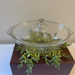 May include: A clear glass oval casserole dish with a matching lid. The dish has handles on either side and a knob on the lid. The dish is sitting on a dark brown wooden box and surrounded by green foliage.