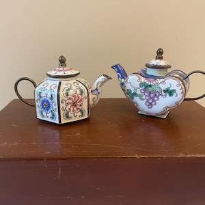 Pair of Vintage Collectible Miniature Teapots Floral Design Enamel on Copper