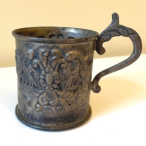 Antique Art Nouveau Repousse Silver Cup with Floral and Bird Design and Ornate Handle