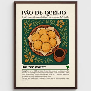 Pão de Queijo Kitchen Wall Art Print, Brazilian Cheese Bread Poster for Food Lovers, Chewy Cheese Snack Illustration, Rustic Comfort Decor
