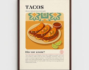 Tacos Art Print Mexican Street Food Poster Vintage Kitchen Decor Illustration Artwork