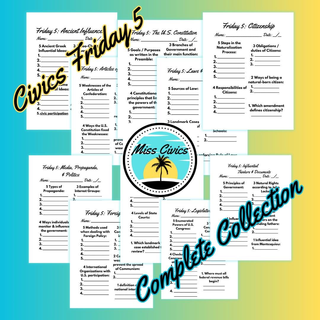 Comprehensive Civics Exit Ticket Check Bundle - Friday 5 Collection ...
