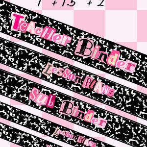 May include: Pink and black binder spines with text that reads "Teacher Binder", "Lesson Plans", and "Sub Binder". The background is a pink and white checkered pattern. The binder spines are 1", 1.5", and 2" wide.