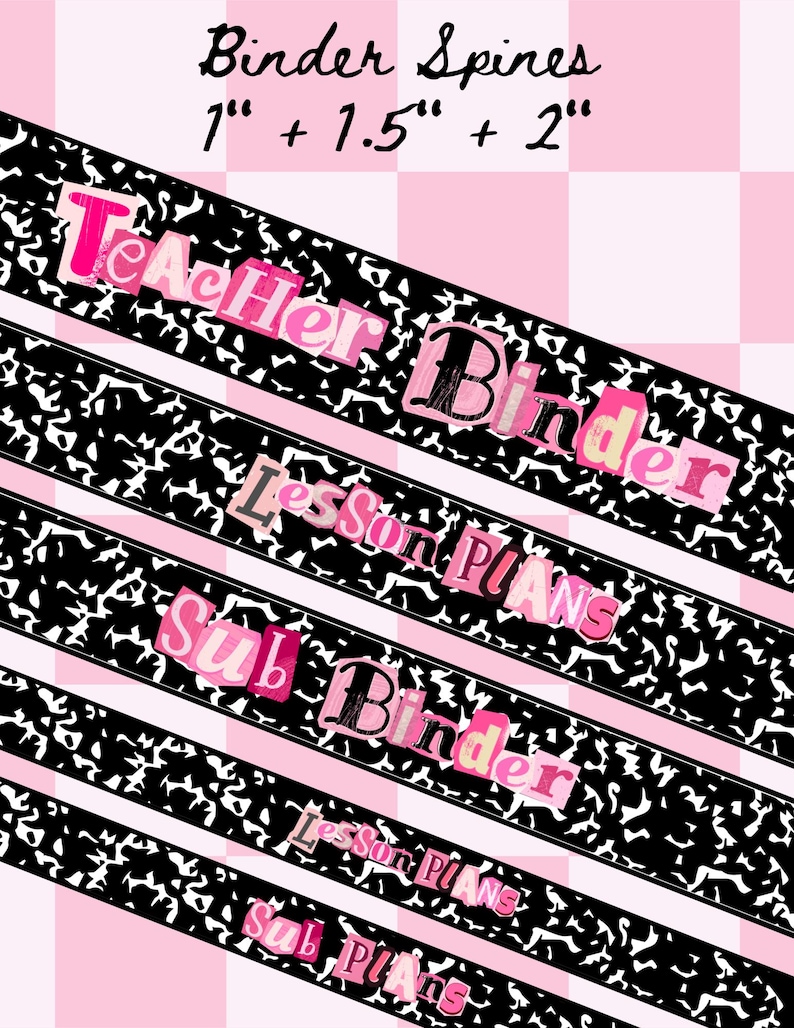 May include: Pink and black binder spines with text that reads "Teacher Binder", "Lesson Plans", and "Sub Binder". The background is a pink and white checkered pattern. The binder spines are 1", 1.5", and 2" wide.