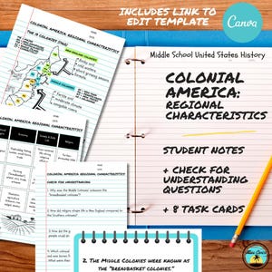 May include: A spiral notebook with the title "Colonial America: Regional Characteristics" in large black letters. The notebook contains student notes, questions, and task cards. A yellow pencil rests on the open pages. Additional pages show maps and notes.