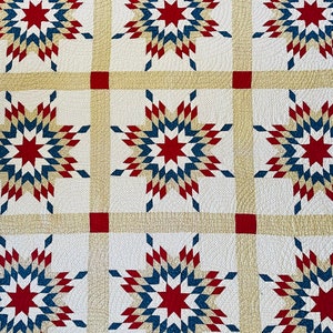 Stunning Handmade Antique Star Burst Quilt ~  Calico and Indigo Fabrics ~ 70x73”