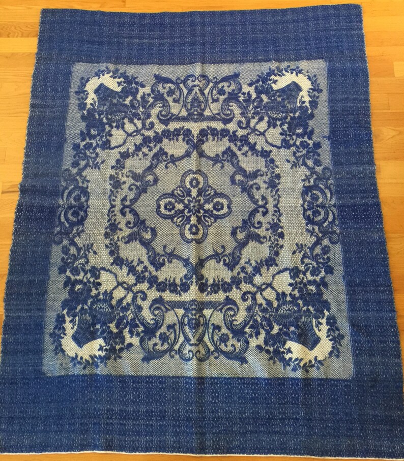 Vintage Blue and Cream Wool Blanket throw Etsy