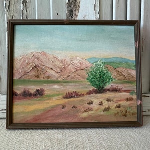 Vintage Hand Painted Desert Scene Oil Painting ~ Wooden Frame ~ 8 1/2 by 10 1/2 in.